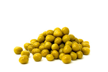 Canned green peas on a white