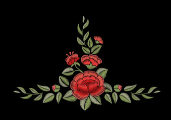 Embroidery. Decorative element. Rose and leaves.