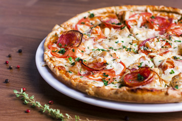 The fresh baked pizza with salami on the wooden background