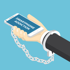 Isometric businessman hand holding smartphone with handcuff.
