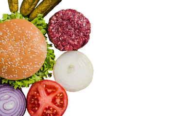 Hamburger ingredients, restaurant menu on white