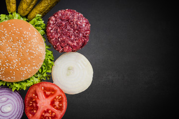 restaurant menu, burger ingredients and copy space