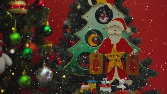 Greeting Season concept.Dolly of Santa Claus show 4days till Xmas with ornaments on a Christmas tree with decorative light in 4k (UHD)