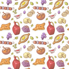 Hand Drawn Georgian Food Seamless Pattern. Georgia Traditional Cuisine Background with Dumpling and Khinkali. Vector illustration