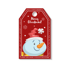 Cartoon red Christmas tag or label  with smiling snowmen in Santa's hat. Xmas gift tag, invitation banner, sale or discount poster.