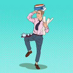 Pop Art Busy Business Man with Pile of Documents. Stress at Office Work. Vector illustration