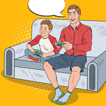 Pop Art Dad and Son Playing Video Game on a Game Console. Computer Gaming. Vector illustration