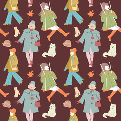 Fototapeta na wymiar Woman Autumn Retro Fashion Seamless Pattern. Fall Clothes and Maple Leaves Background. Vector illustration