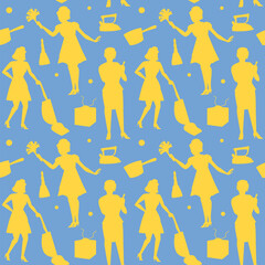 Housewife Retro Woman Silhouette Seamless Pattern. Housekeeper Vintage Style Background. Faceless Girl. Vector illustration