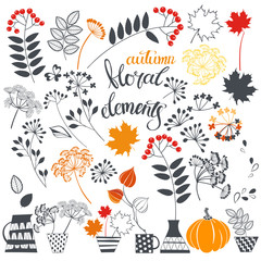 Obraz na płótnie Canvas Hand-drawn autumn floral elements. Isolated vector objects on white background.