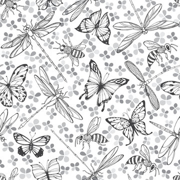 Flying insects. Seamless pattern with butterflies, dragonflies and bees on a floral background. Monochrome vector illustration.
