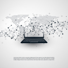 Abstract Cloud Computing and Global Network Connections Concept Design with Laptop Computer, Wireless Mobile Device, Transparent Geometric Mesh - Illustration in Editable Vector Format © bagotaj