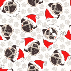 Vector seamless pattern with pug-dog  in Santa's hat and traces.  Dog - animal symbol of New Year 2018.