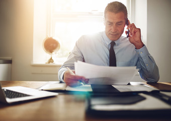 Executive sitting at a desk discussing paperwork on the phone