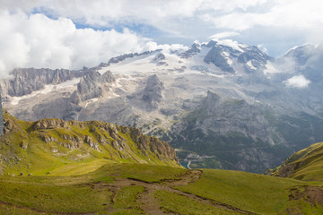 Fototapeta premium view of Marmolada glacier from Arabba cable car
