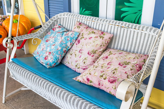 Flower Pillow on Bench Swing. In the seat to relax.