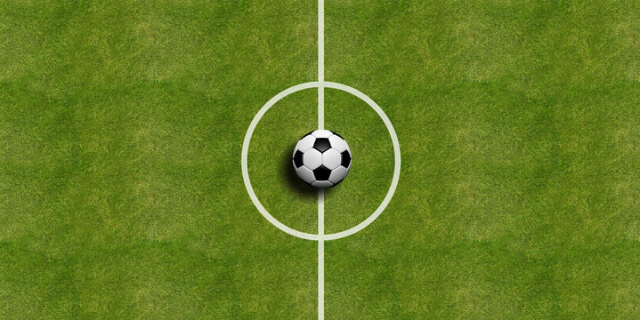 Soccer ball on field grass background. 3d illustration