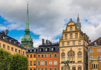 Fototapeta na wymiar Gothic buildings in Kornhamnstorg square in Stockholm old town Gamla Stan in Sweden