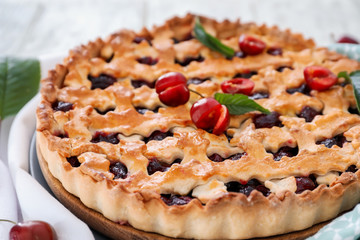 Tasty cherry pie on table, closeup