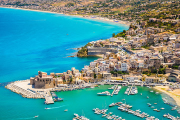 Panoramic aerial view of Castellammare del Golfo town, Trapani, Sicily. - obrazy, fototapety, plakaty