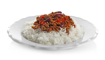Chili con carne served with rice on plate against white background