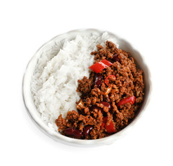 Chili con carne served with rice in bowl on white background