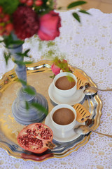 autumn wedding still life. coffee morning. decoration, floral arrangement