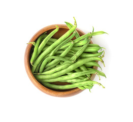 Bowl with fresh green beans on white background