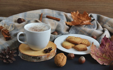 Tea Cup Hot Coffee Cappuccino Autumn Time Cookie Tinted Toned Photo Knitting Scarf Yellow Leaves Chestnuts Black Background