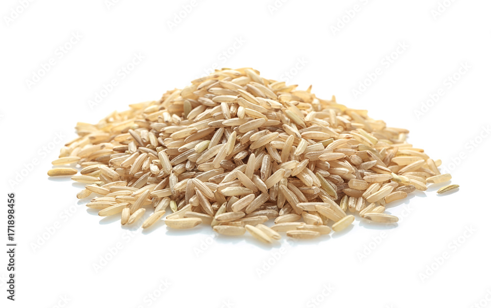 Poster pile of brown rice on white background