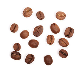 Coffee beans isolated on white background. Top view