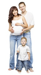 Happy Pregnant Family, Mother Father and Child, Young Parents with Kid, isolated over White background with clipping path