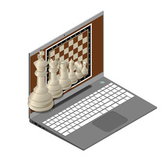 Laptop on a white background playing chess with a computer