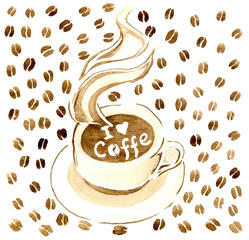 Чашка с горячим кофе на блюдце, в горячем кофе надпись 