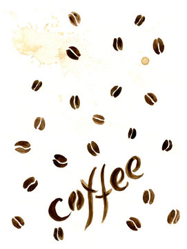 На фоне кофейных зерен с небольшими брызгами кофе надпись "coffee". Акварель