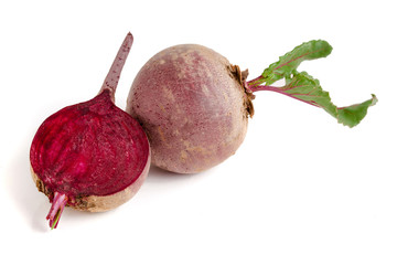 beetroot and half with leaf isolated on white background
