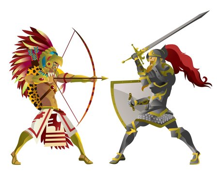 european knight fighting an aztec warrior