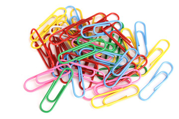 Bunch of colorful paper clips isolated on white background