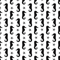 Black and white seahorse underwater background. Vector seamless pattern with seahorse and starfish. Cute sea life illustration. Vector Marine life design for fabric, textile, wallpaper. - 171901497