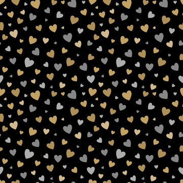 beautiful seamless pattern with gold and silver glittering hearts on black background. design for holiday greeting card and invitation of the wedding, Happy Valentine's day, birthday and mother's day.