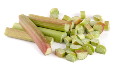 Chopped rhubarb stem isolated on white background cutout