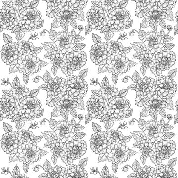 Beautiful monochrome, black and white seamless pattern with dahlia bouquets. Hand-drawn contour. design greeting card and invitation of wedding, birthday, Valentine's Day, mother's day, other holiday.