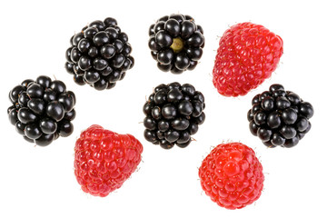 Group of delicious juicy blackberries and raspberries. Collection of individual forest fruits isolated on white background.