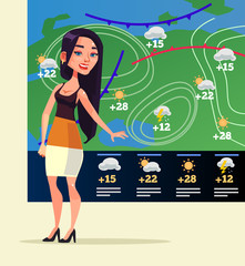 Happy smiling woman weather reporter character. Vector flat cartoon illustration