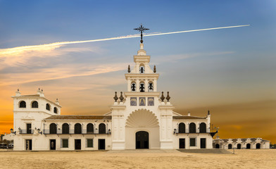 El Rocio hermitage in a cloudy day at small village with the same name in Almonte, Huelva, Andalusia, Spain