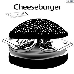 Burger. Cheeseburger. Sandwich. Hamburger. Cutlet in the bun. Fried steak. Meat rissoles. Burger with cheese, tomato and beef steak. Burger with meat rissole. Vector illustration.