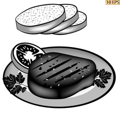 Meat rissole. Cutlet. Cutlet in the plate. Steak. Cutlet with bread. Chop. Meatball fried. Meat and bread. American food. Burger with beef steak. Fried meat rissole.  Fried cutlet. Beef steak fried. 