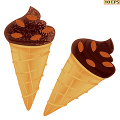Dessert. Classic ice cream. Ice cream cone. Chocolate ice cream with nuts. Vector illustration.