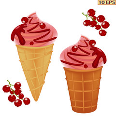 Currant ice cream. Sundae drizzled with currant sauce. Classic Ice cream cone. Ice cream in a waffle cone. The ice cream with berries. Currant sundae in waffle cone. Vector illustration.