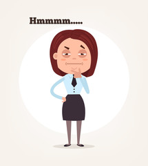 Office worker business woman character suspect and thinking. Vector flat cartoon illustration